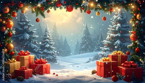 Festive winter scene with snowy forest, gifts, and twinkling lights creating a warm, holiday atmosphere