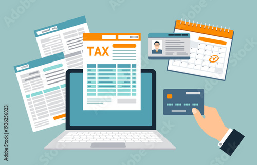 Online tax payment concept. Tax form with paper documents, forms, calendar, laptop, bank card. Pay bills, invoices, tax.