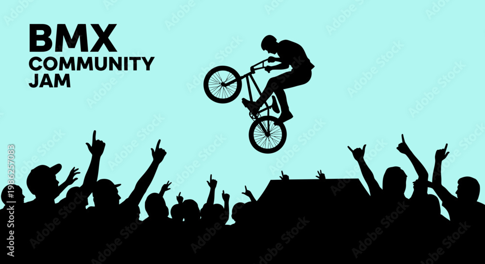 Fototapeta premium Thrilling BMX Community Jam Event with Stunt Rider and Enthusiastic Crowd Silhouette
