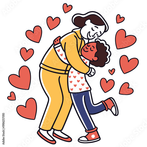 Child happily embracing mother with surrounding hearts.