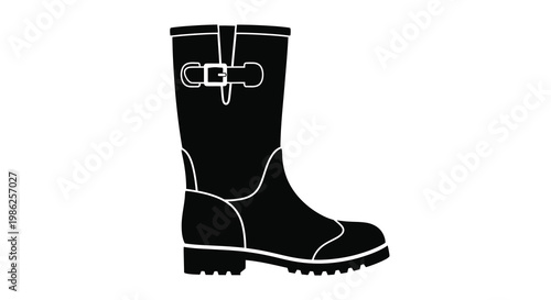 Black and white illustration of a single rubber boot with buckle detail