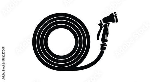Black and white illustration of a coiled garden hose with nozzle