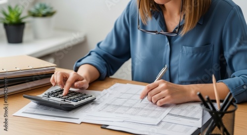 Diligent Woman at a Sunlit Desk Calculating Finances and Taking Notes.