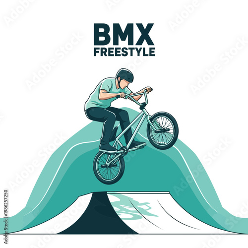 Thrilling BMX Freestyle Action Depicted On A Teal Ramp Demonstrating Athletic Prowess and Skill