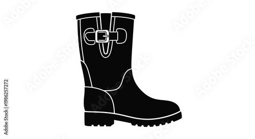A black and white silhouette of a classic rubber boot