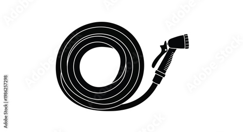 A coiled garden hose with a spray nozzle depicted in black and white