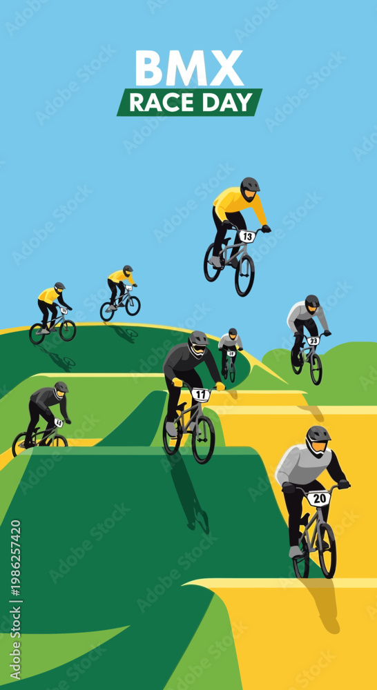 Fototapeta premium Thrilling BMX Race: Cyclists Compete on a Course with Green Hills and a Clear Blue Sky