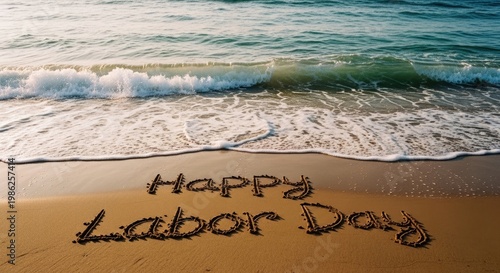 Labor day beach message 'happy labor day' written in sand