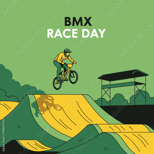 Thrilling BMX Race Day Illustration Capturing High-Flying Action on an Expertly Designed Course