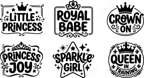 Black and white princess royal baby sparkle girl crown lettering vector art