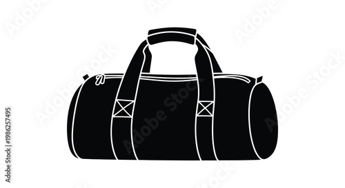 A black and white illustration of a cylindrical duffel bag with straps