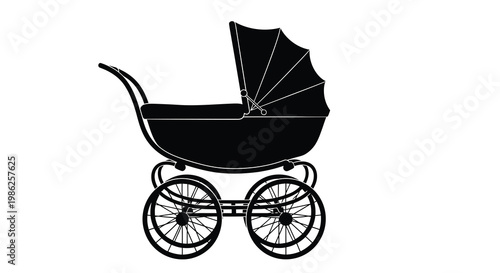 Black silhouette of a classic baby carriage or pram on a white background
