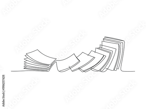 Line drawing of stacks of blank paper sheets falling down to the right side  office and business concept line art