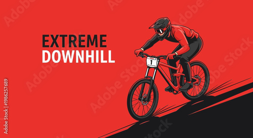 Thrilling Downhill Mountain Biking Illustration on Vivid Red Background, Adventure Awaits