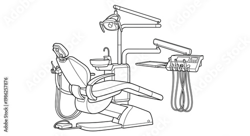 Line drawing of a dental chair and associated equipment