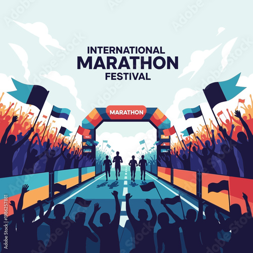 Thrilling International Marathon Festival Depicting Runners, Crowds, and Colorful Flags