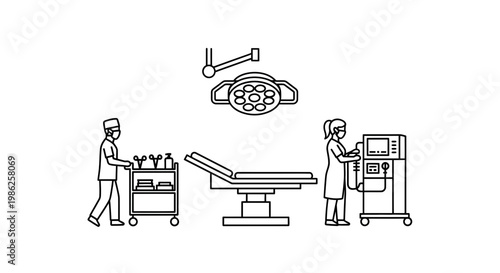 Medical team in operating room with equipment, surgery, healthcare concept