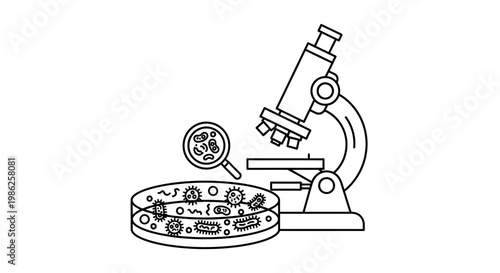 Microscope and petri dish with bacteria and viruses, scientific research and discovery