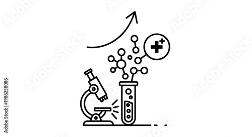 Microscope and chemical reaction in test tube with upward arrow and plus sign icon, science research concept