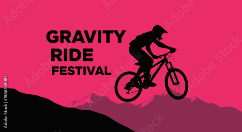 Thrilling Gravity Ride Festival Poster Depicts Mountain Biking on Vibrant Pink Background