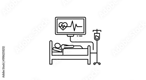 Patient in Hospital Bed with EKG Monitor and IV Drip - Medical Care Icon