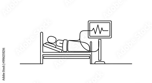 Patient in Hospital Bed Connected to ECG Monitor, Medical Care Concept