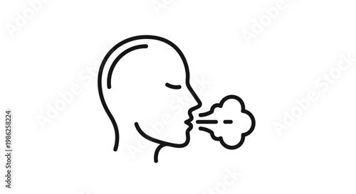 Person exhaling steam or breath, concept of cold, illness, or meditation