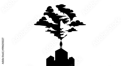 Black silhouette of tree over cityscape.