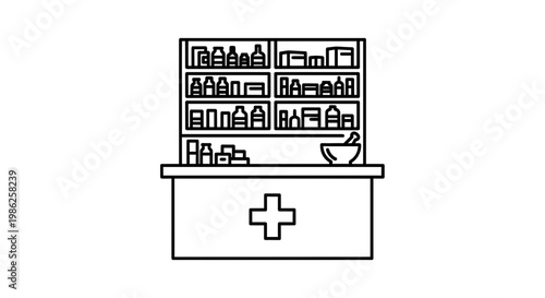 Pharmacy Counter with Shelves of Medicine Bottles and Mortar Pestle - Line Art Icon