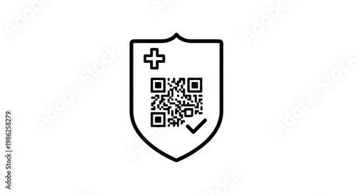 QR Code Shield with Plus and Checkmark Icon - Digital Security and Health Pass Concept