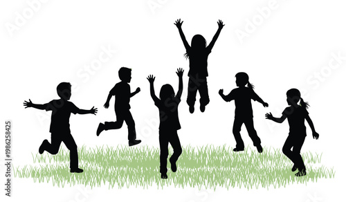 A group of children joyfully playing and leaping in a grassy field their forms rendered as a dark silhouette high quality professional detailed modern
