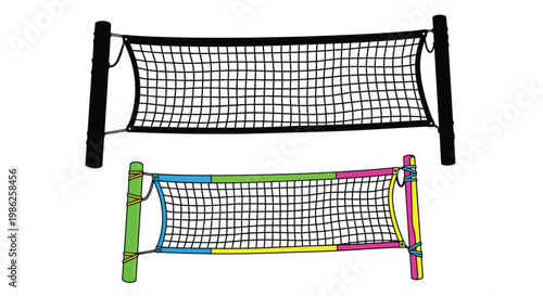 Two volleyball nets one black and white one brightly colored isolated