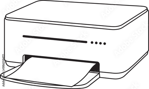 Black and white line of a modern printer with paper emerging from the output tray also transparent background