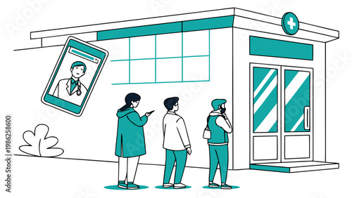 People waiting in line outside hospital building with medical staff portrait icon illustrating healthcare access and patient queue concept