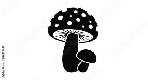 Black and white illustration of a mushroom with spots and a smaller adjacent fungus