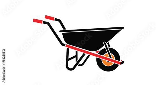 A black and red illustration of a classic garden wheelbarrow