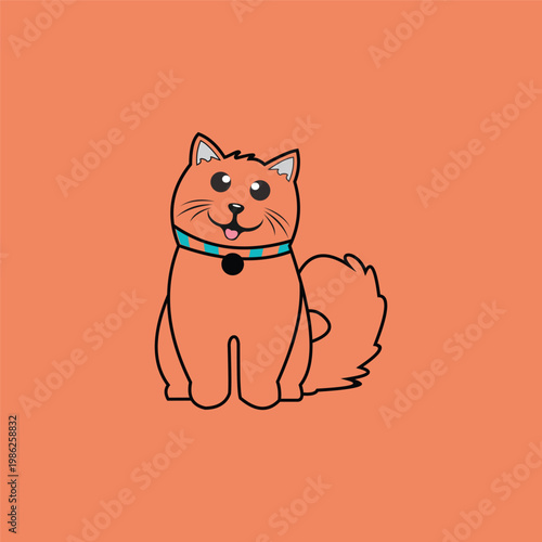 Cute cartoon cat sitting and smiling with a collar.