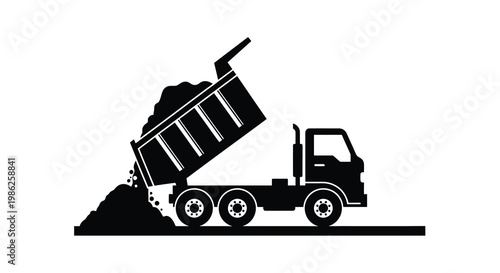 A black silhouette of a dump truck unloading material onto the ground