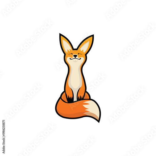 Cute cartoon fox sitting with eyes closed and a happy expression.