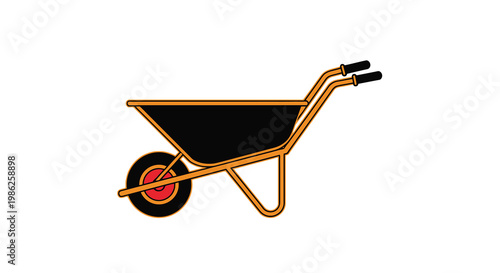 Simple illustration of an orange wheelbarrow with a black basin