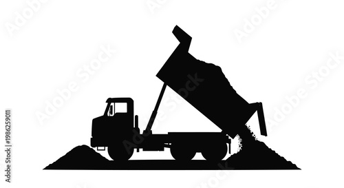 A black silhouette of a dump truck unloading a pile of material