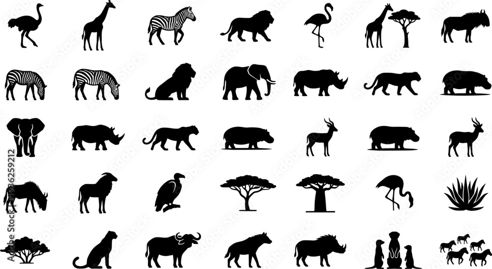 Fototapeta premium Silhouette icons of african wildlife animals 