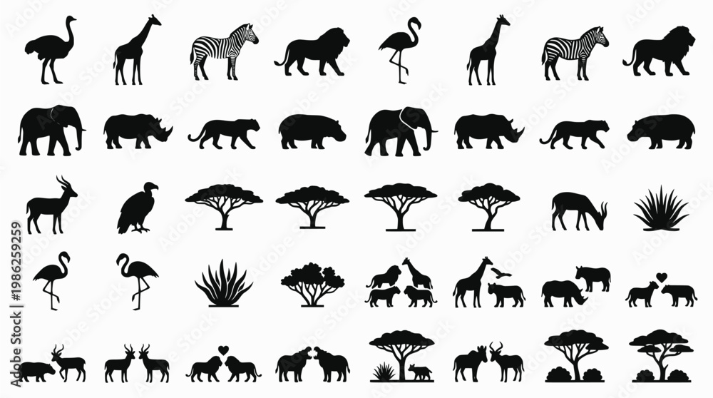 Fototapeta premium Silhouette icons of african wildlife animals 