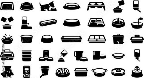 Water Trough Icons. Watering trough. Line icon set of watering trough: rectangular trough, round trough, animal drinking, metal trough, wooden trough, water
