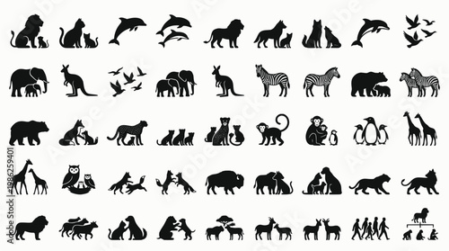 Wildlife and nature silhouette icons set – solid, animal, fauna symbols
