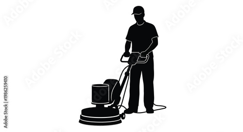 A silhouette of a worker operating a floor cleaning machine
