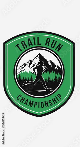 Trail Run Championship Emblem Depicting Mountainous Terrain and Energetic Silhouette