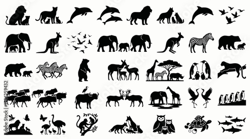 Wildlife and nature silhouette icons set – solid, animal, fauna symbols
