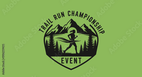 Trail Run Championship Event Emblem Depicting Mountainous Landscape And Athletic Silhouette