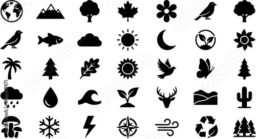 Outline icon set of nature elements including trees and animals
